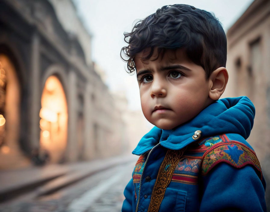 Child with Curly Hair in Blue Coat with Ethnic Patterns on Urban Street Background