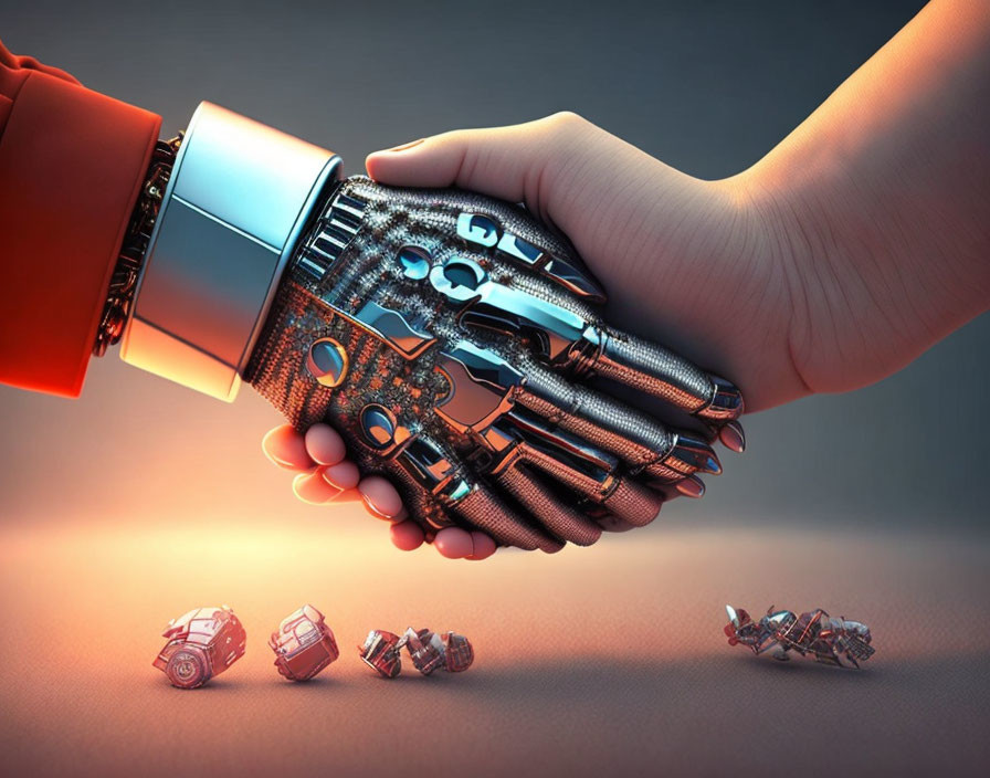 Human and robotic hands almost touching on orange background with scattered gears