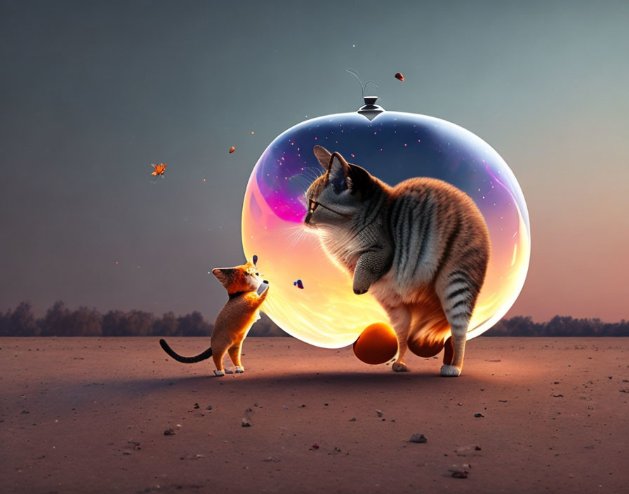 Cat and corgi with galaxy sphere in twilight setting.