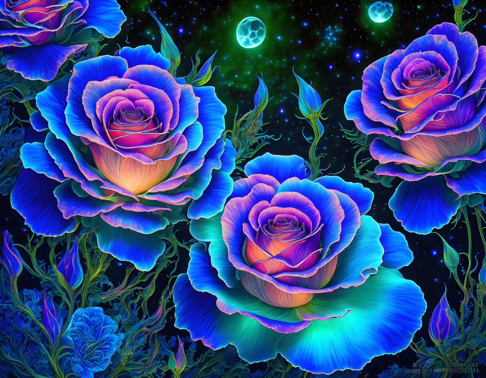 Neon Blue and Purple Roses in Starry Night Scene