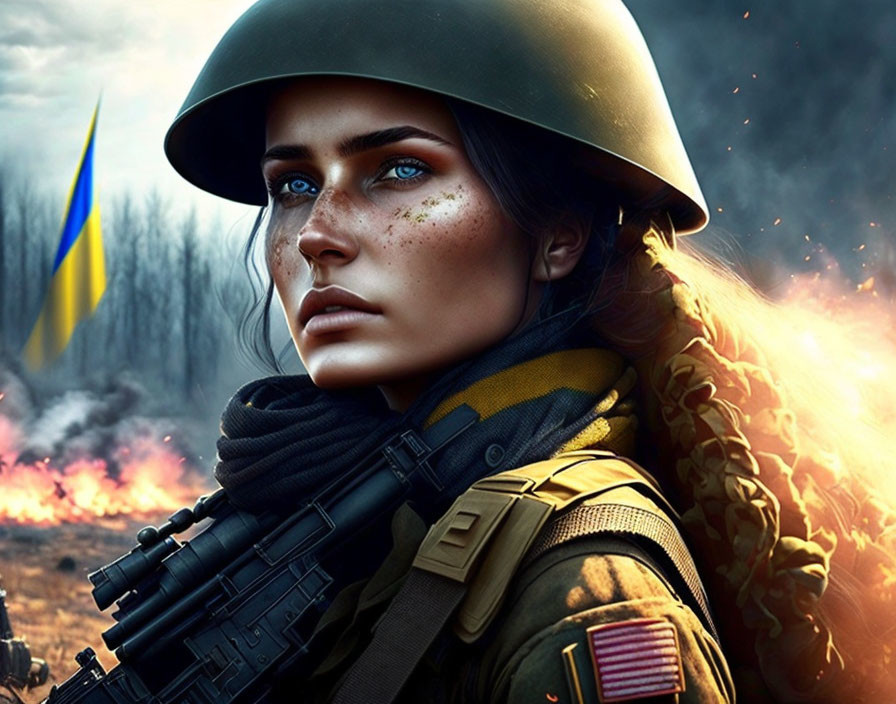 Digital artwork: Determined woman soldier in military gear with blue eyes, helmet, fiery explosion, Ukrainian