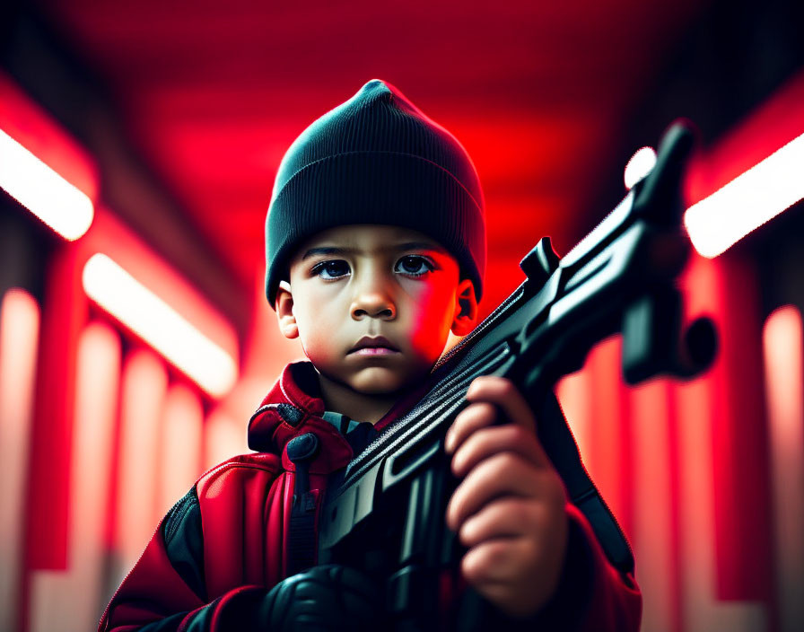 Child in Beanie Holding Toy Gun Under Red Neon Lights