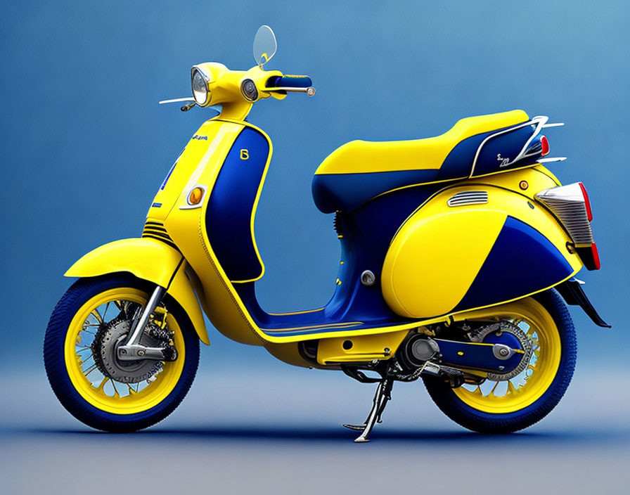 Classic Yellow and Blue Scooter with Chrome Detailing on Blue Background