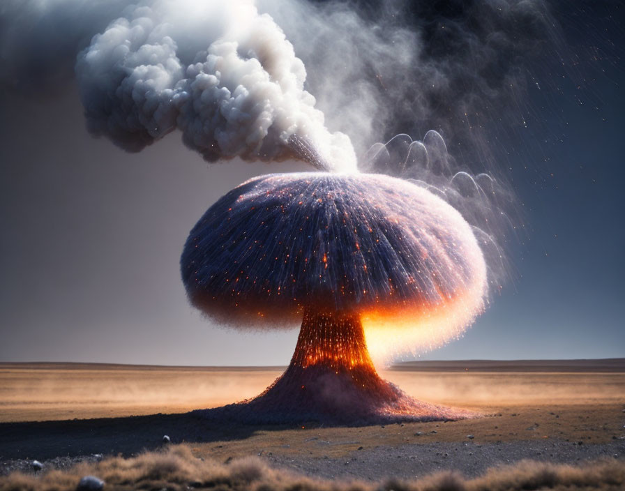 Explosion aftermath: mushroom cloud, smoke, fiery debris in desolate landscape