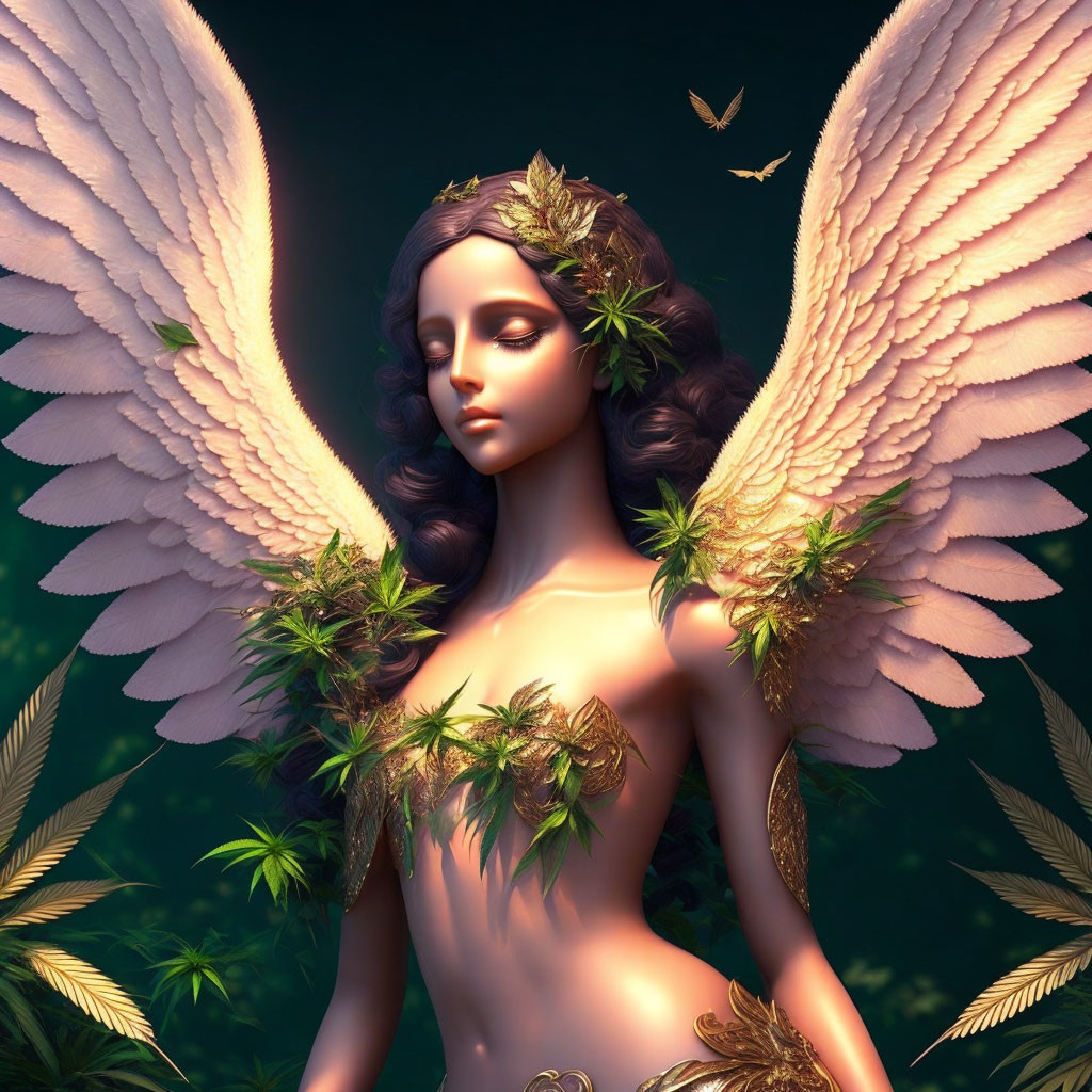 Majestic angel with wings and leaf crown in serene nature scene