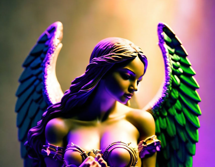 Colorful Winged Female Figurine on Purple and Yellow Background