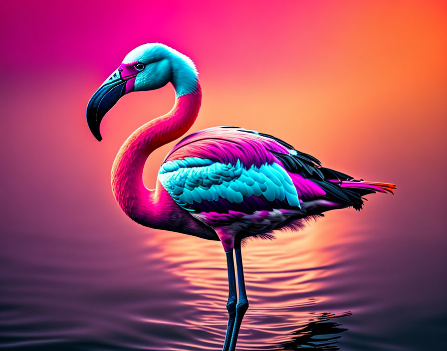 Colorful Flamingo in Water with Vibrant Background