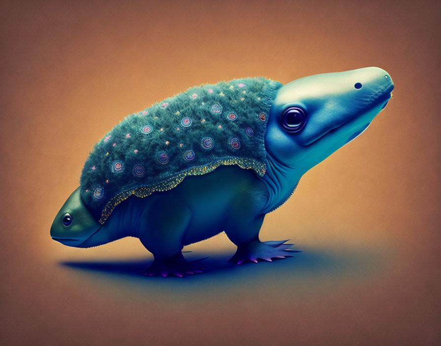 Whimsical creature: Turtle-Hippopotamus hybrid with vibrant blue skin