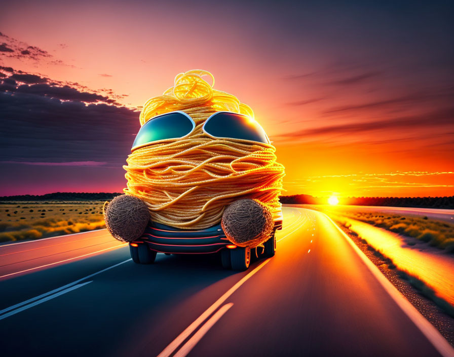 Spaghettimonster driving into the Sunset.