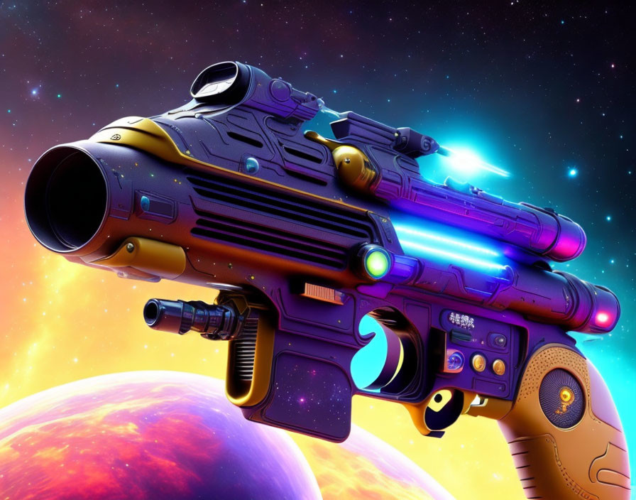 Colorful futuristic sci-fi blaster gun with neon lights in cosmic setting