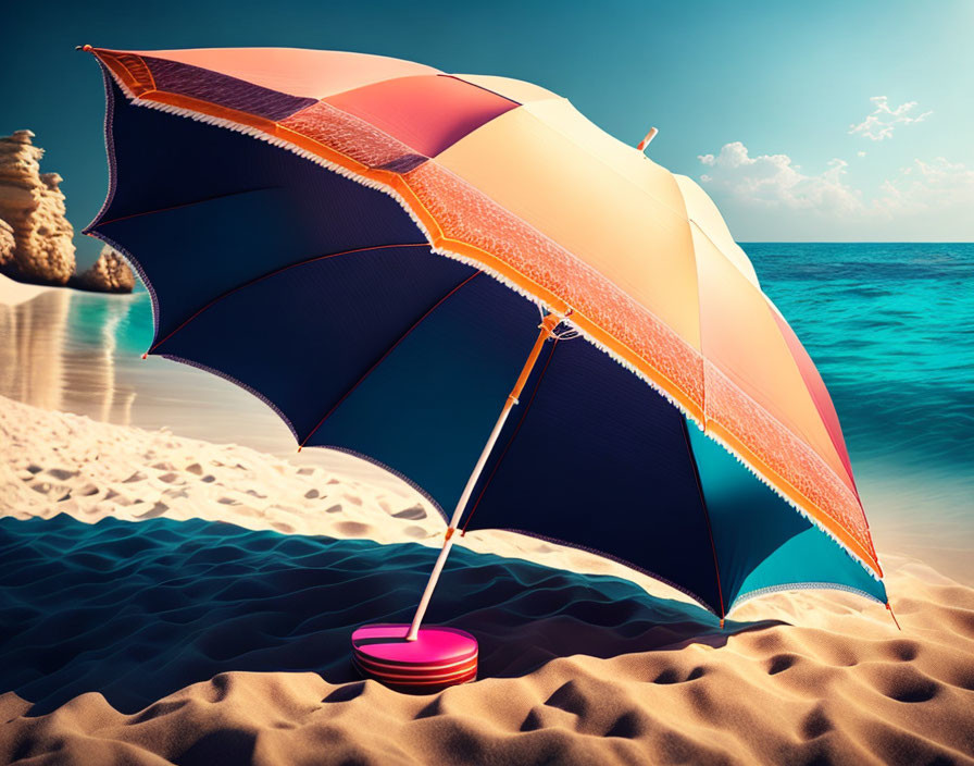 Vibrant beach umbrella on sandy shore with blue sea and sky landscape