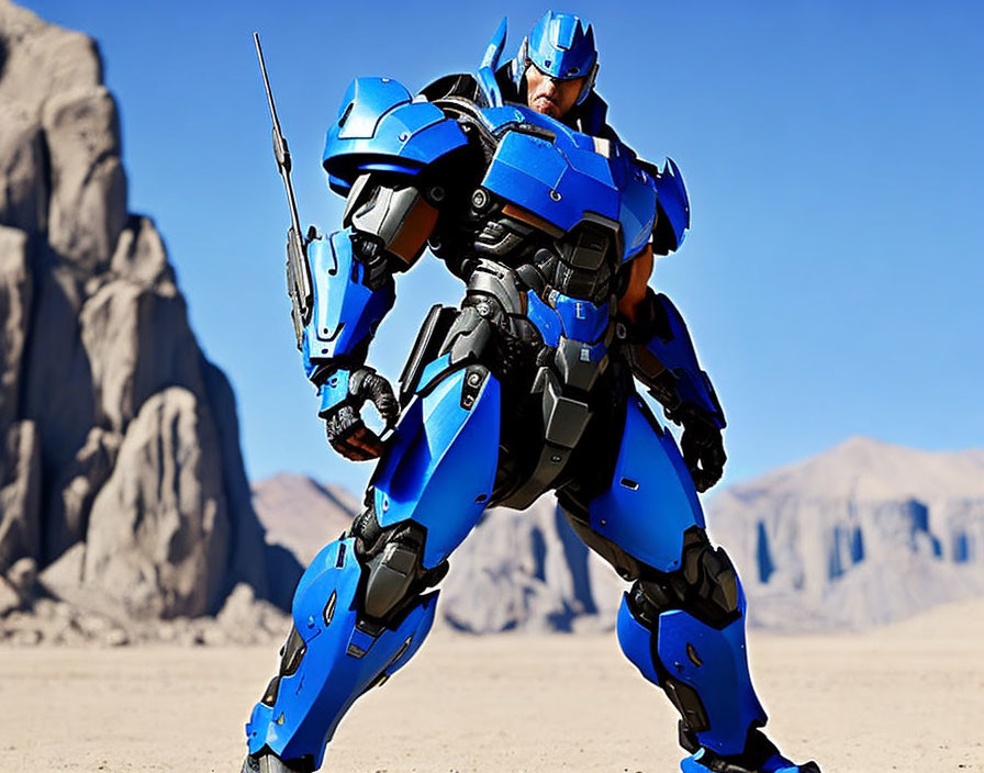 Futuristic person in blue and black armor suit with weapon in desert landscape