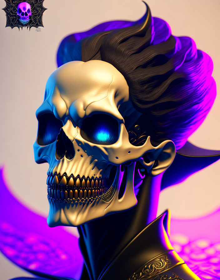 Digital artwork: Golden skull with wavy black hair on purple background