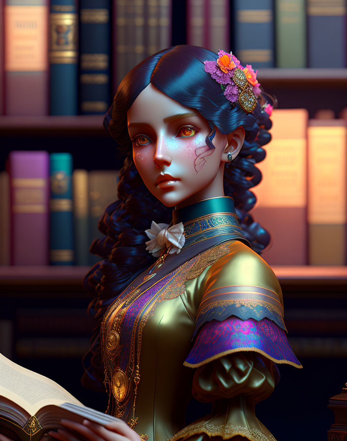 Digital Artwork: Blue-skinned woman in Victorian attire reading among bookshelves