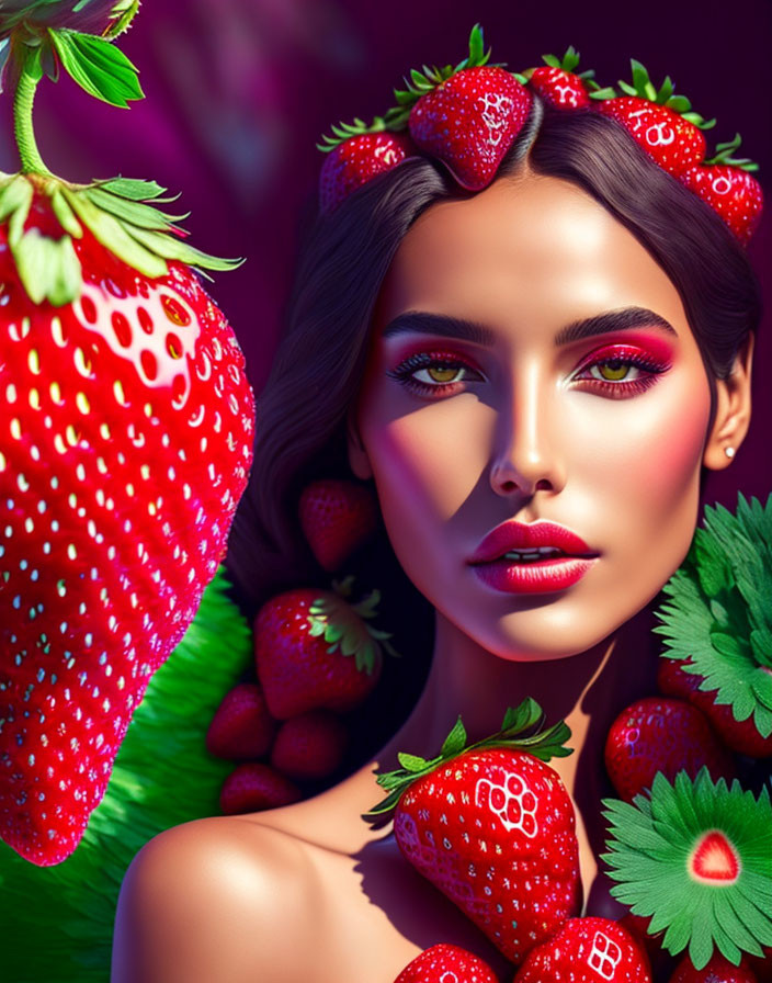 Woman with strawberry-themed makeup and fruit decorations on purple backdrop