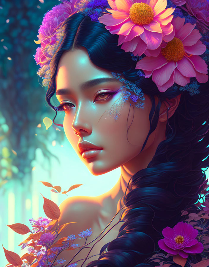 Vibrant illustration of woman with floral hair, ethereal glow, contemplative expression