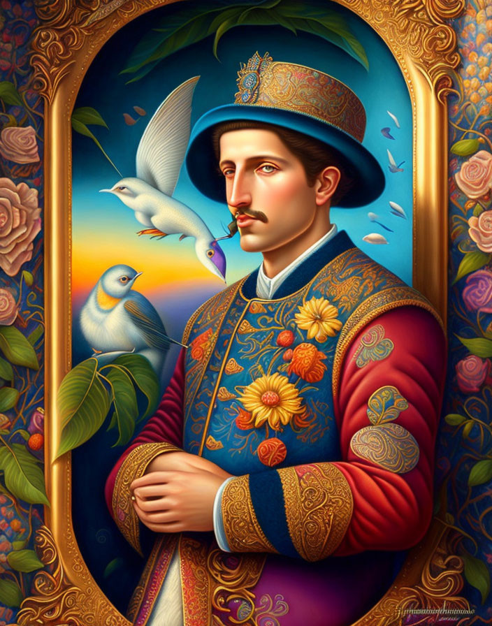 Colorful painting of man in traditional attire with blue hat and red jacket on floral background with flying birds