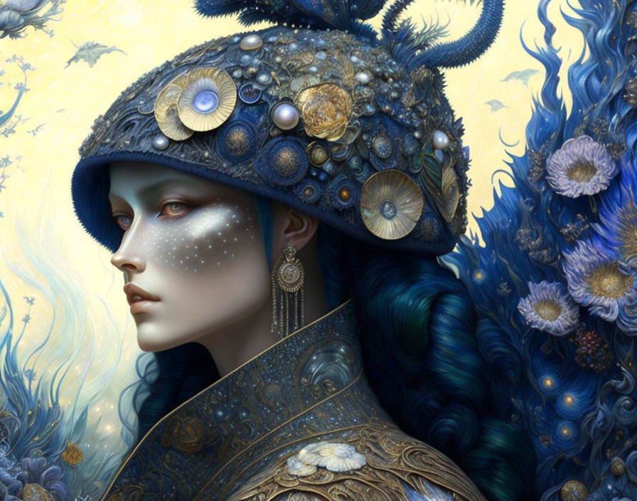 Fantastical portrait of person with blue hair and seashell-adorned helmet against swirling blue