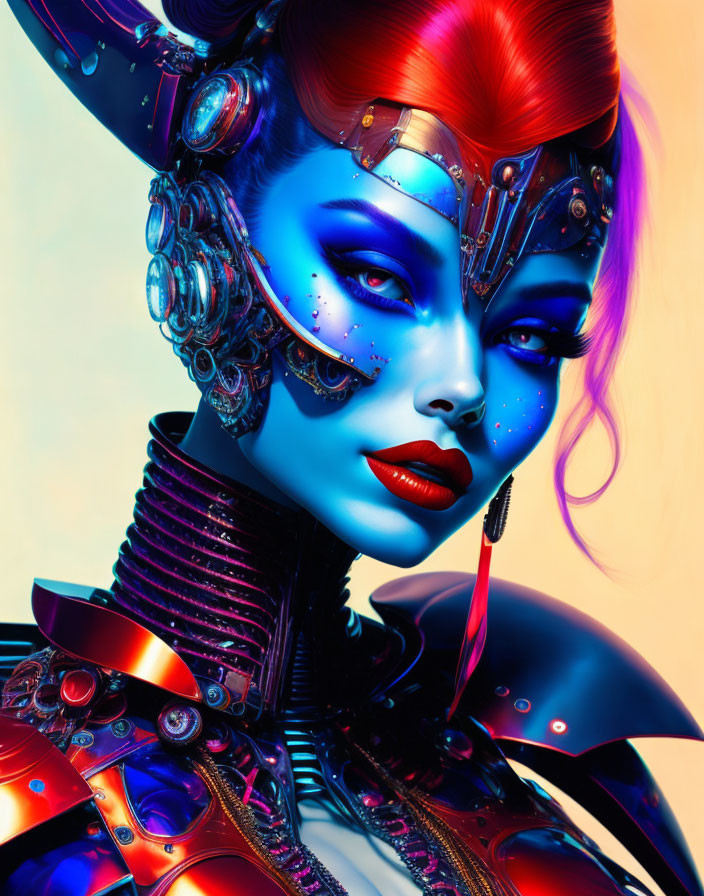 Female Figure with Blue Skin and Cybernetic Enhancements in Futuristic Armor on Gradient Background