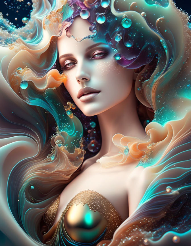 Fantasy Portrait: Woman with Oceanic Hair and Pastel Tones