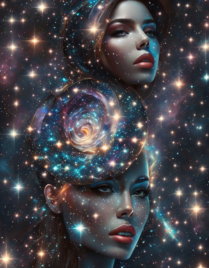 Cosmic-themed digital artwork of two women's faces