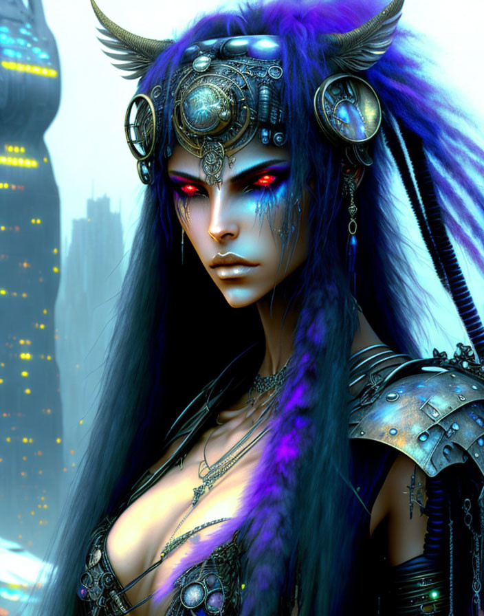 Futuristic female figure with purple hair and cybernetic armor in cityscape