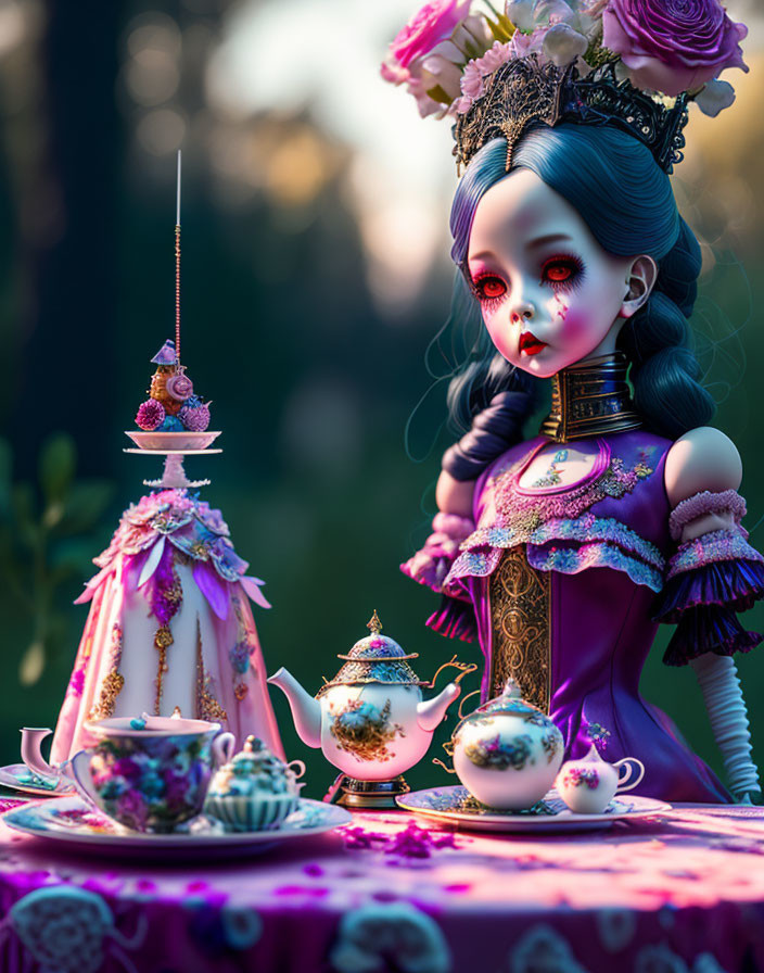 Gothic Victorian doll at tea party with cake and tea set