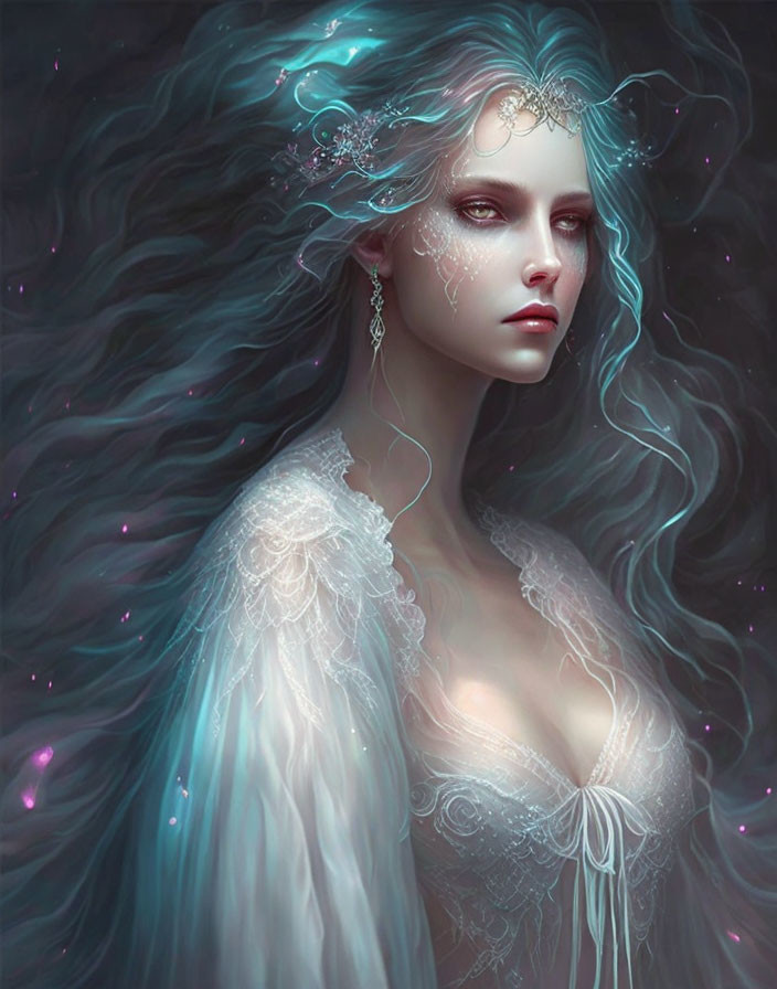 Fantastical image: Woman with flowing blue hair, silver jewelry, delicate dress, ethereal ambiance