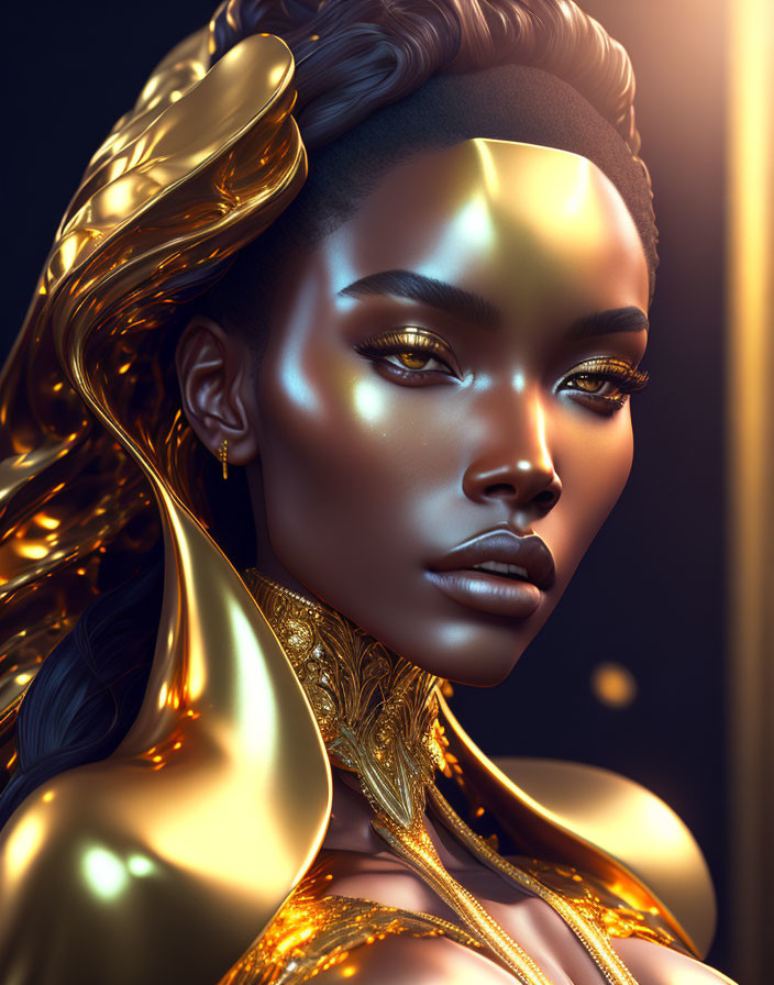 Dark-skinned woman with golden accessories in digital art.