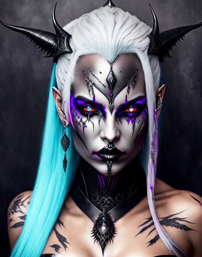 Fantasy-inspired character with white hair, black horns, elf ears, striking makeup, and tattoos on