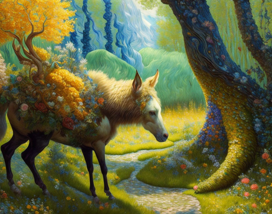 Majestic horse-like creature with foliage mane in vibrant forest landscape