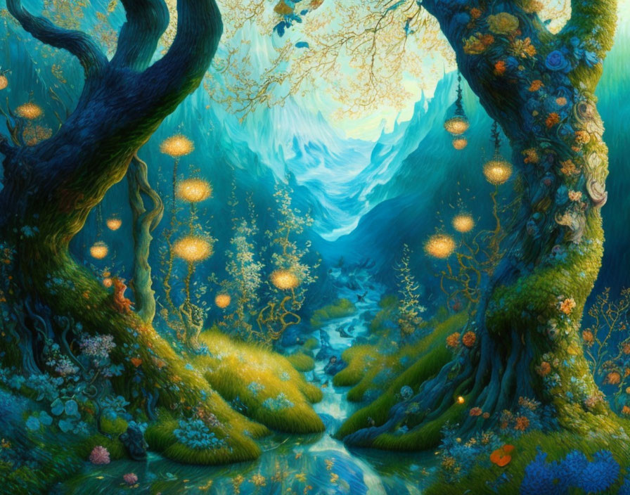 Enchanting forest scene with glowing orbs, vibrant flora, serene river, and majestic trees.