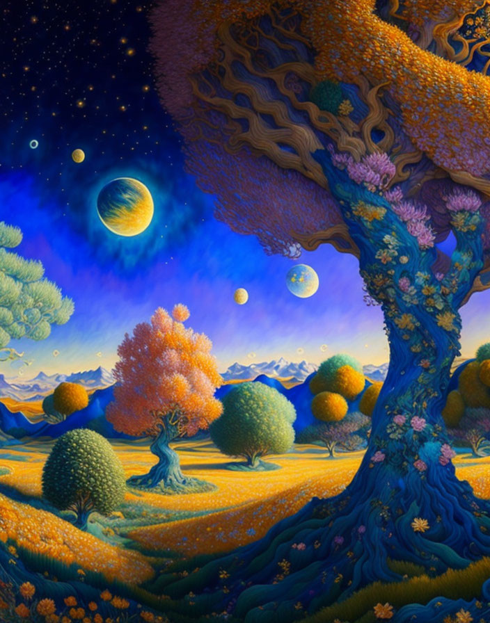 Colorful surreal landscape with twisted tree and starry night sky.