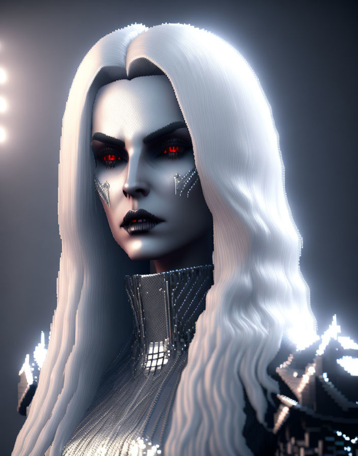 Digital artwork: Woman with glowing red eyes, pale skin, white hair, metallic silver adornments