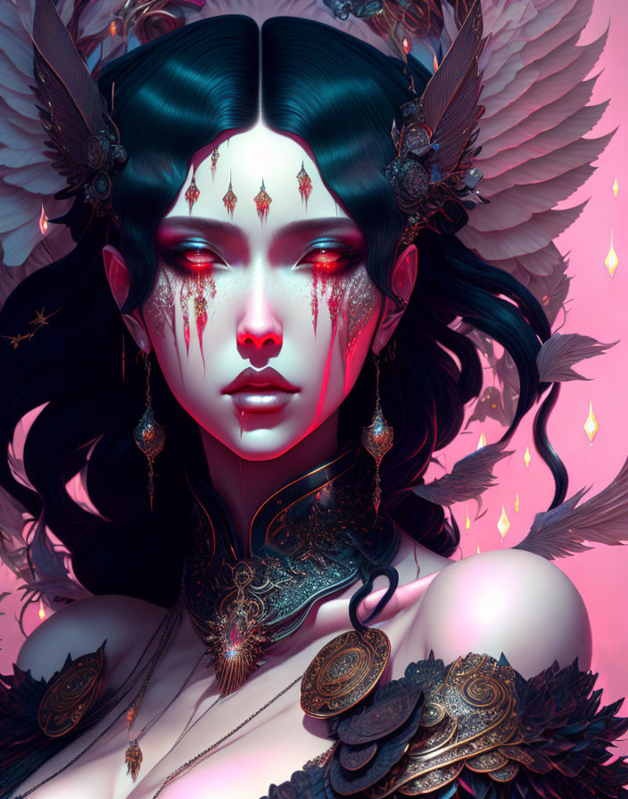 Dark-haired woman with red eyes, tears of blood, gold jewelry, and feathered wings.