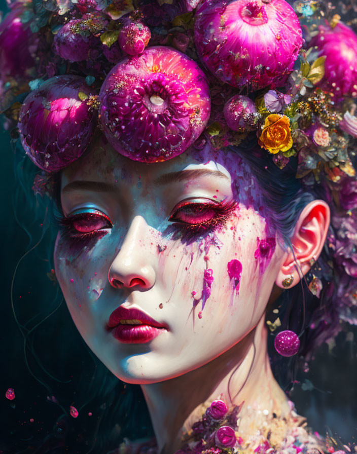 Elaborate Purple Floral Headwear and Artistic Magenta Makeup Woman