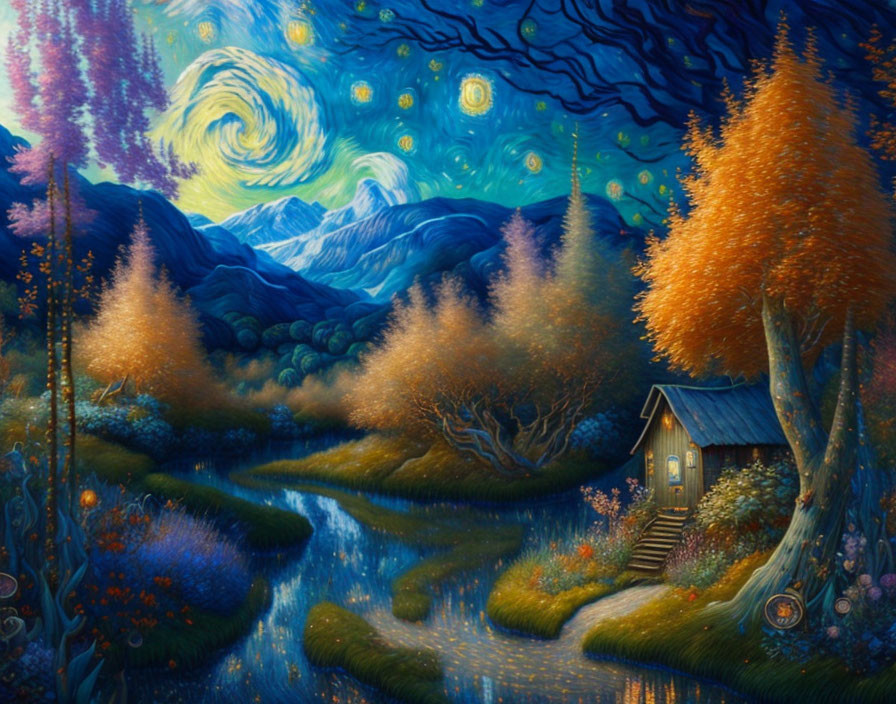 Starry Night Scene with Autumn Landscape and Cozy Cottage