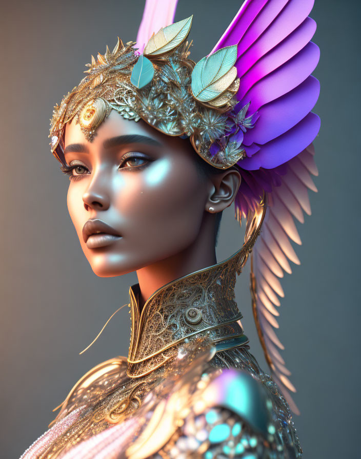 Digital Artwork: Woman in Golden Armor with Purple Feather Headdress