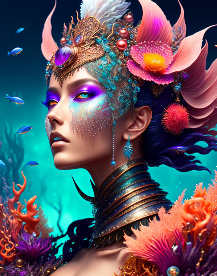 Fantasy-themed digital portrait of woman with crown and coral accessories in underwater setting