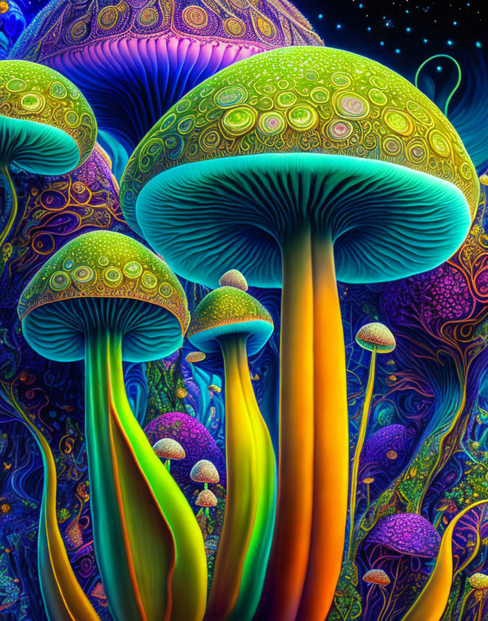 Colorful Psychedelic Mushroom Art in Fantastical Landscape