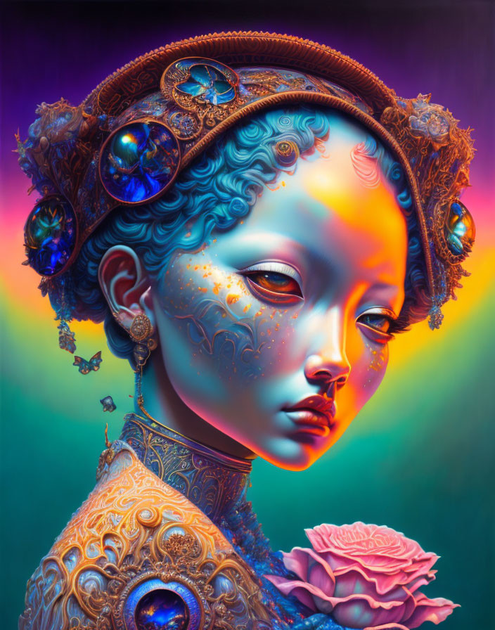 Colorful Female Portrait with Blue Skin, Gold Jewelry, Rose, and Butterfly