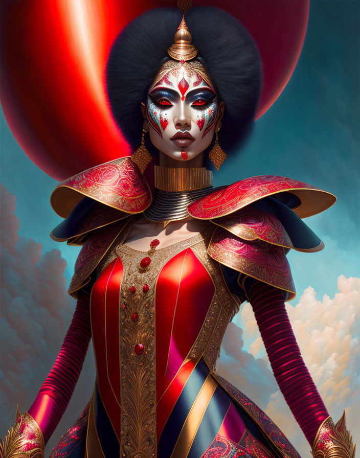 Regal figure with intricate face paint and ornate costume against red planet backdrop