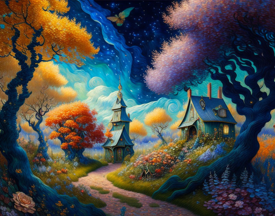 Colorful starry night sky painting with winding path to quaint house and ornate tower