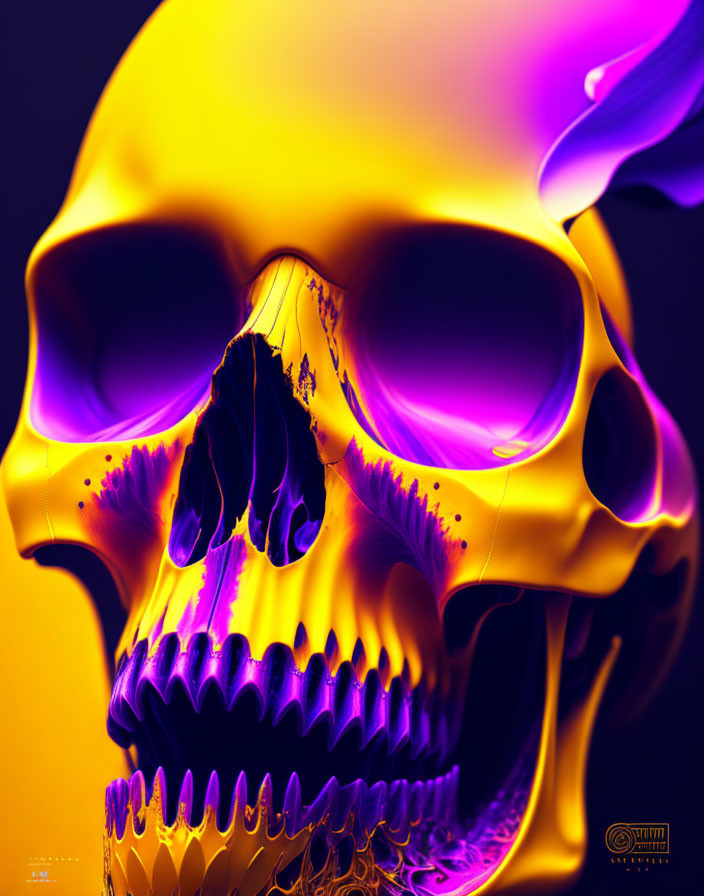 Neon purple and yellow human skull with flowing fluid effect