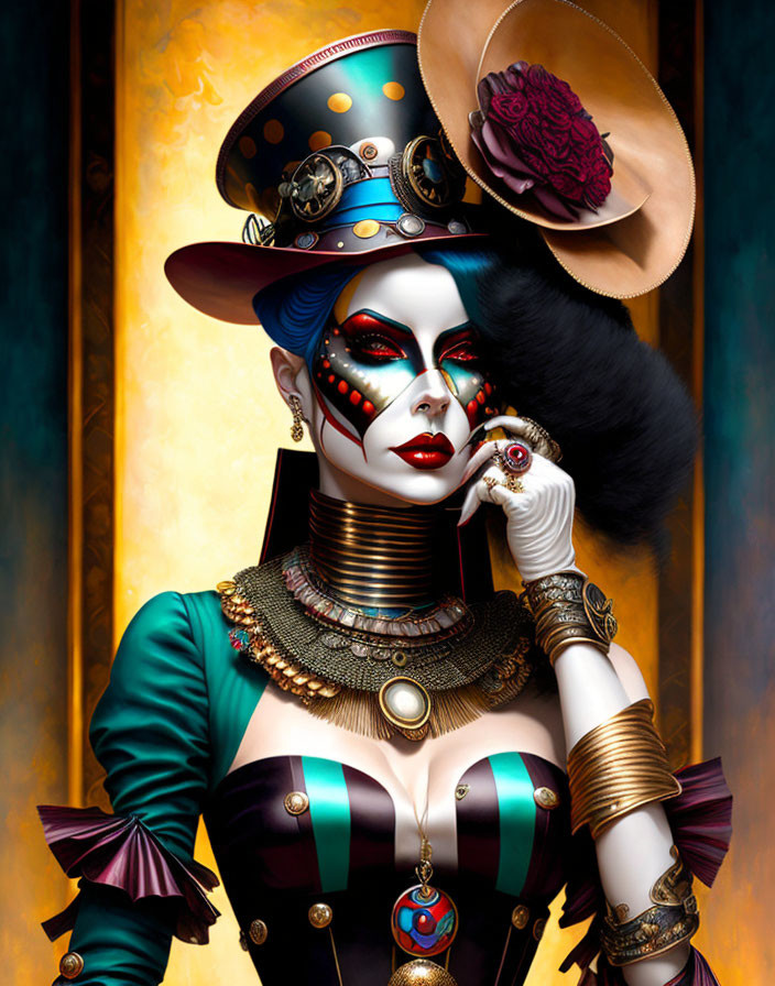 Surreal steampunk-themed woman with top hat and mechanical eyepiece