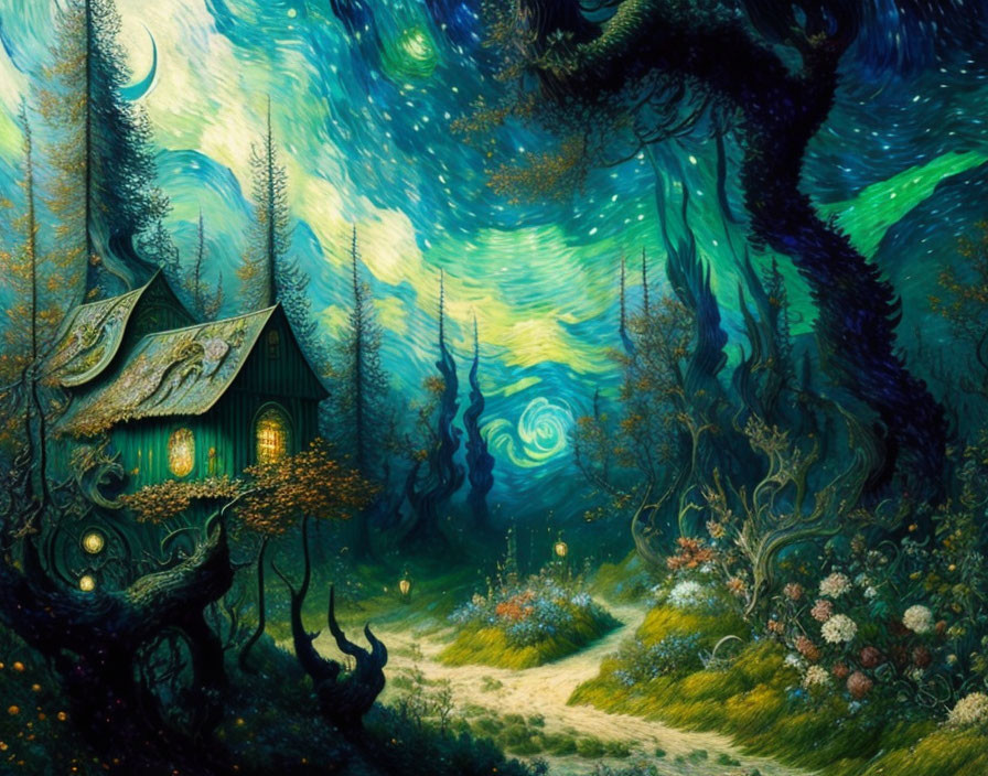 Enchanting forest scene with whimsical cottage and vibrant sky