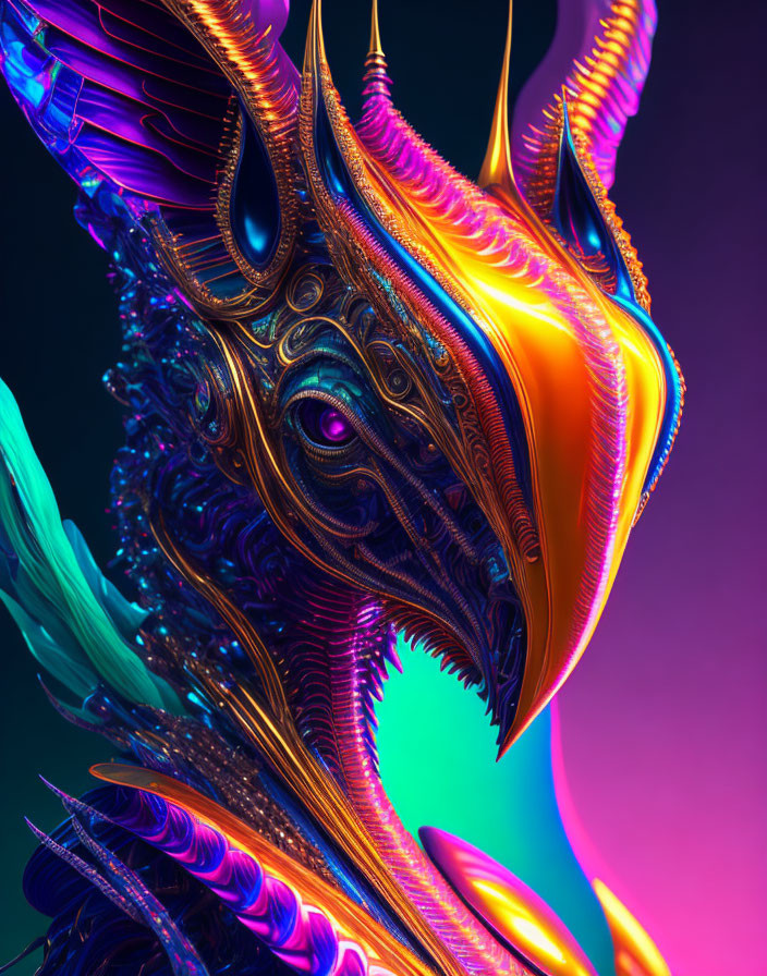 Colorful Abstract Digital Artwork: Fantastical Creature Design in Blue, Orange, and Pink on