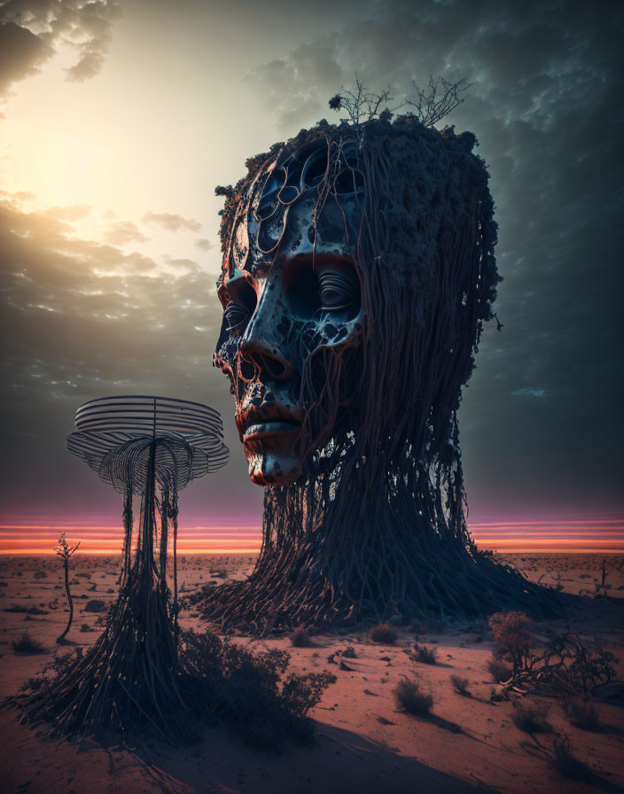 Surrealistic art: Large humanoid head with tree-like features in desert landscape