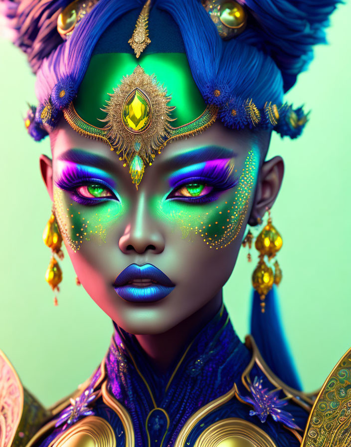 Stylized portrait of female character with blue skin and bold purple makeup