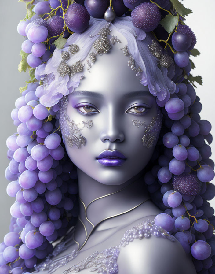 Digital artwork featuring woman with purple grapes and golden leaves in hair